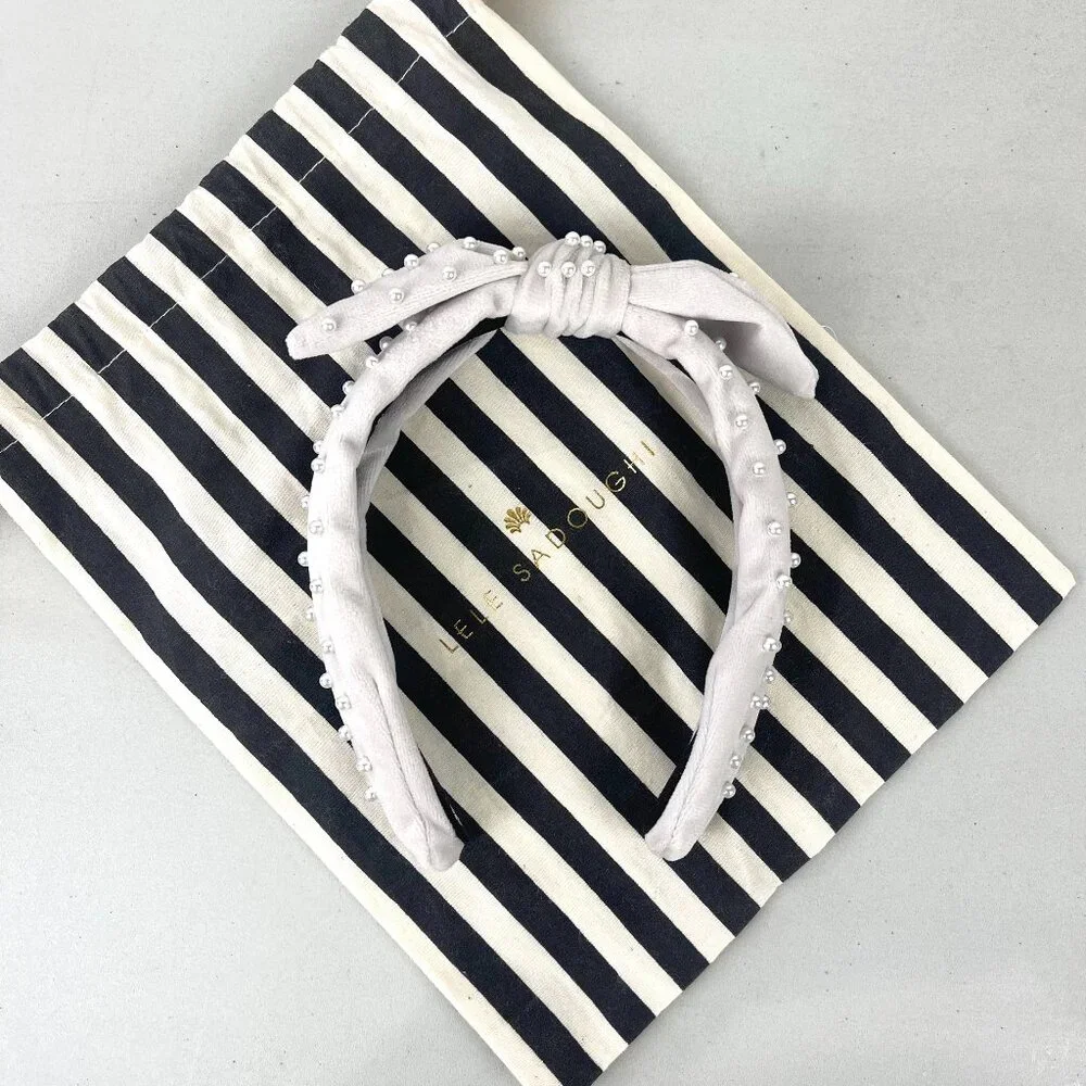 Lele Sadoughi x Crewcuts Grey Velvet Pearl Bow Headband Kids Embellished Preppy